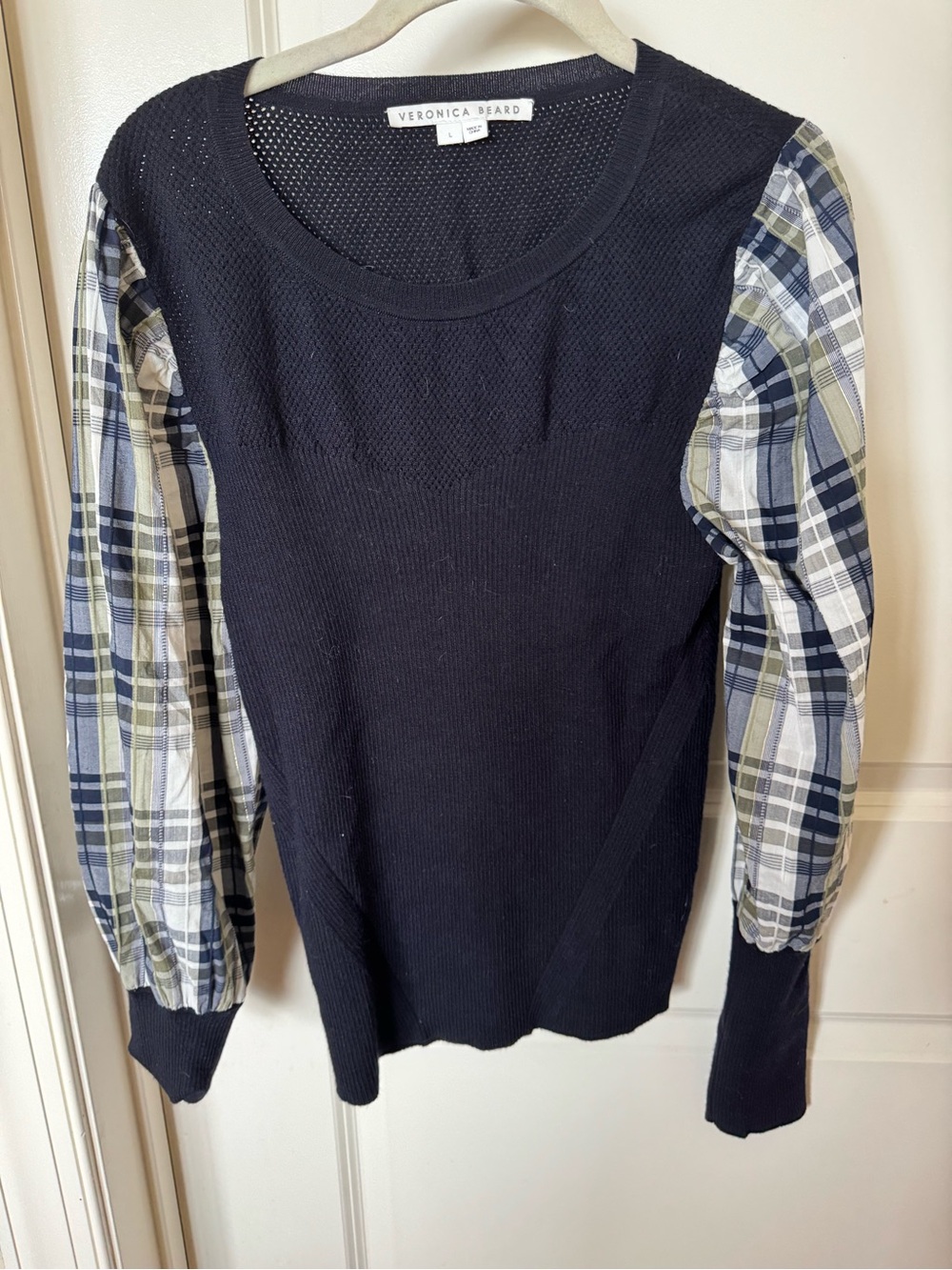 Veronica Beard Navy Knit Top with Blue Plaid Sleeves